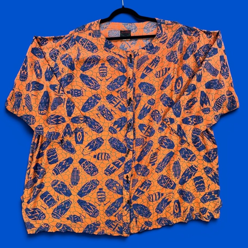 Ashro Womens XL Orange Blue Tribal Drum Print Rayon Button Down Short Sleeve Top